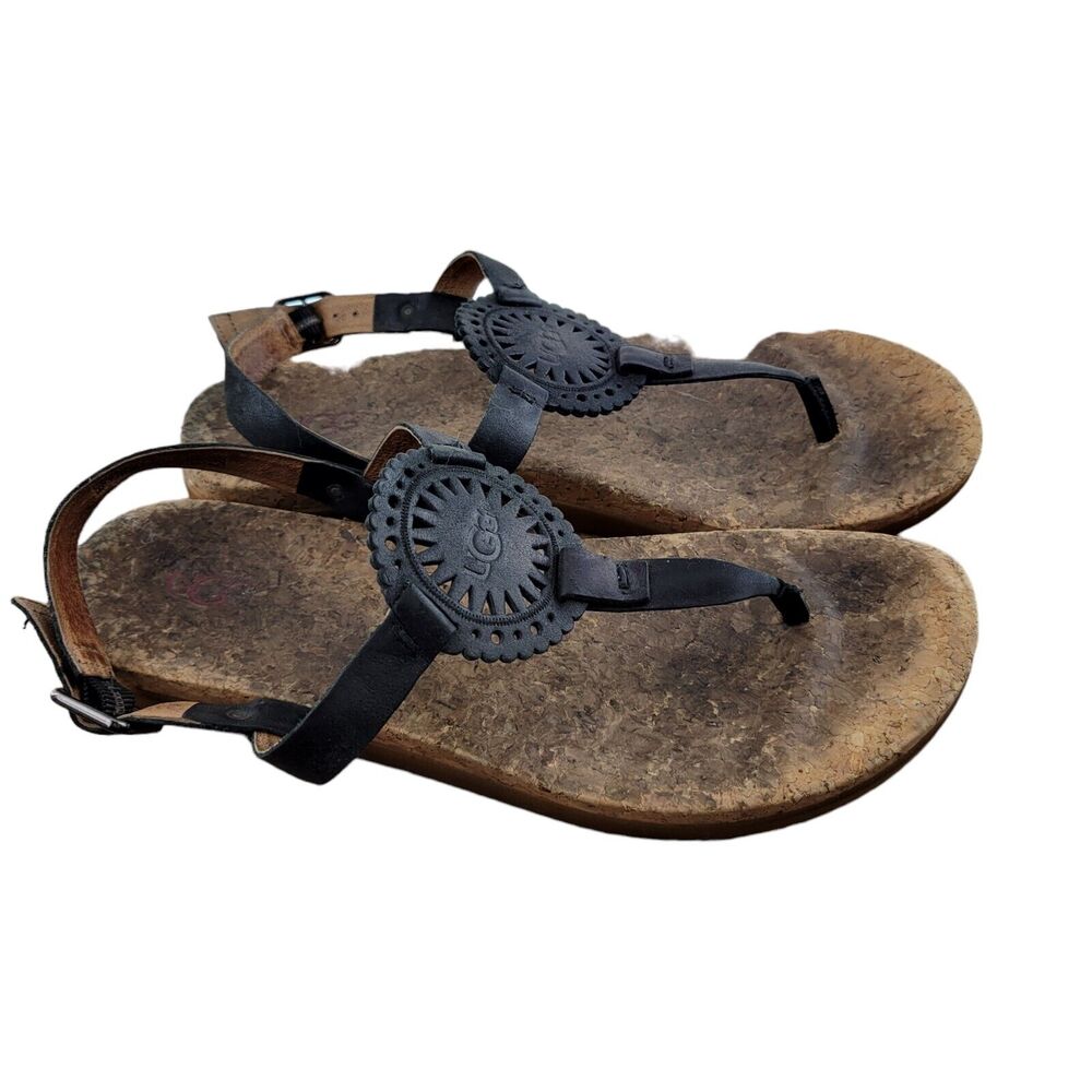 UGG Womens Sandals Auden II Black Leather Thong Size‎ 8.5 Adjustable Ankle Strap